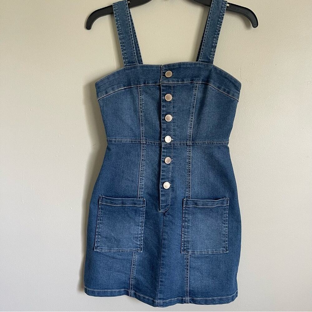 Copper Key Blue Denim Button Front Sheath Mini Dress Pockets Size XS Y2K Grunge